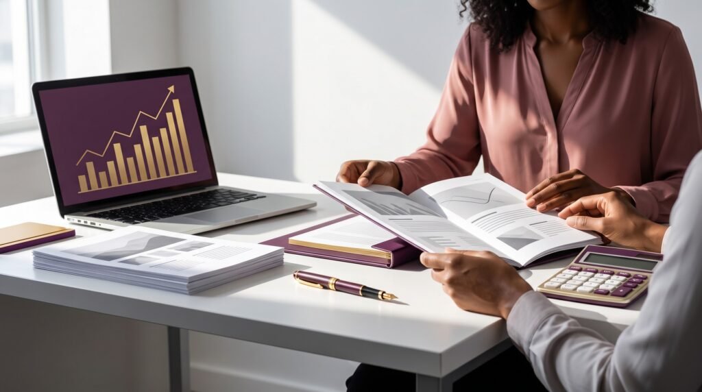 CPA reviewing year-end financial statements with a business owner