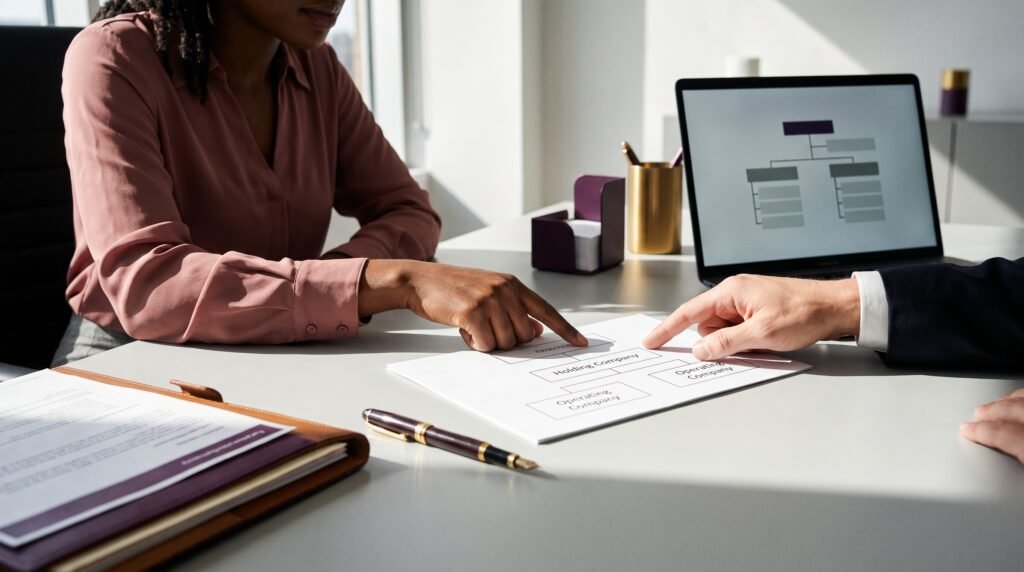 Corporate tax accountant reviewing a holding company reorganization chart with a client