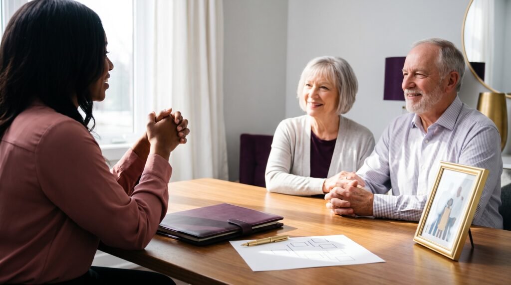 Estate planning accountant meeting with an older couple about passing on their family wealth